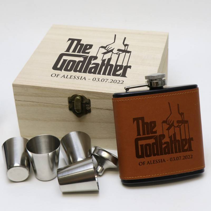 Engraved Leather Flask With Timber Gift Box Personalised Godfather